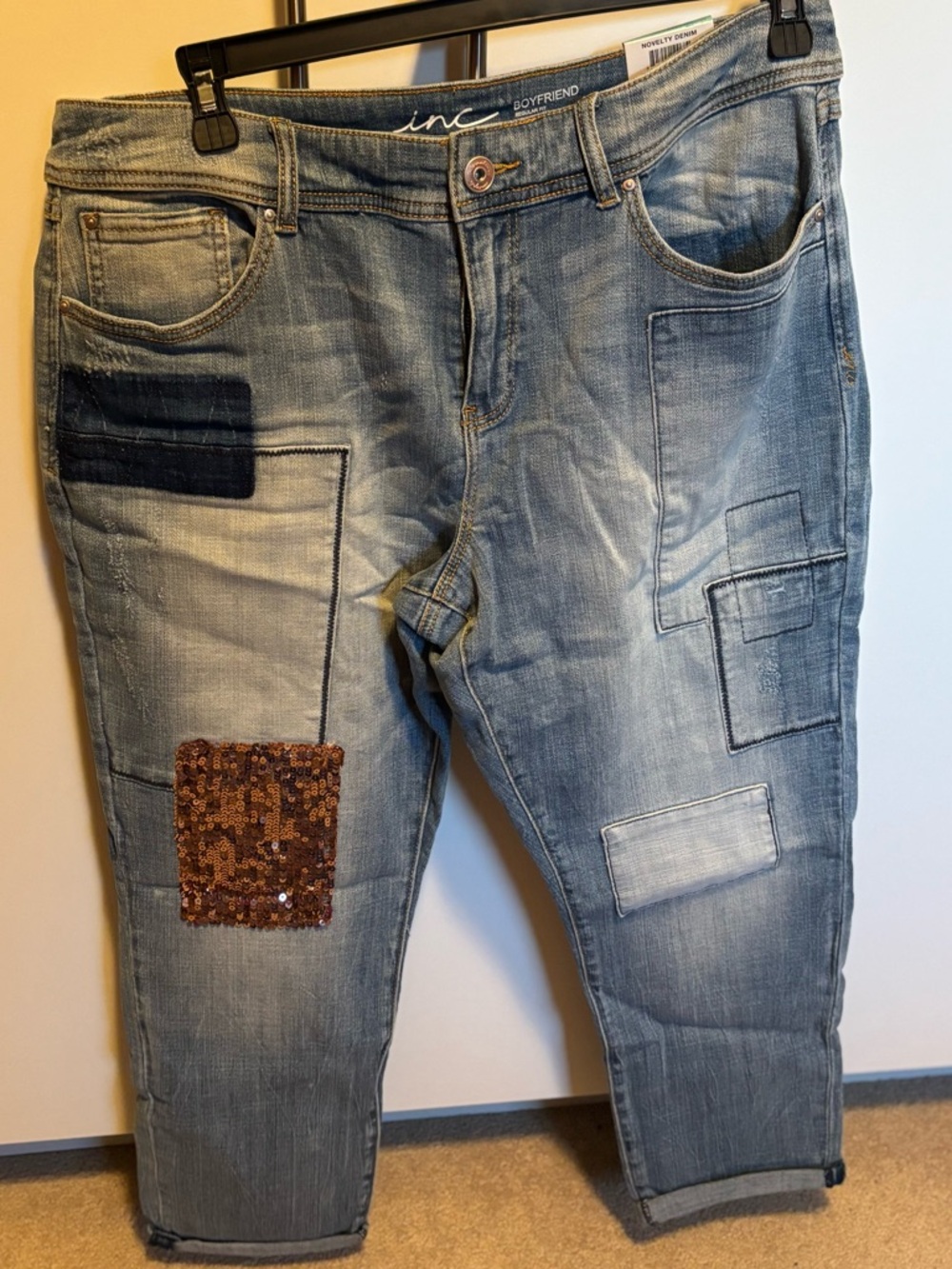 INC International Concepts women’s Light Blue Patchwork Jeans with Sequin Accent